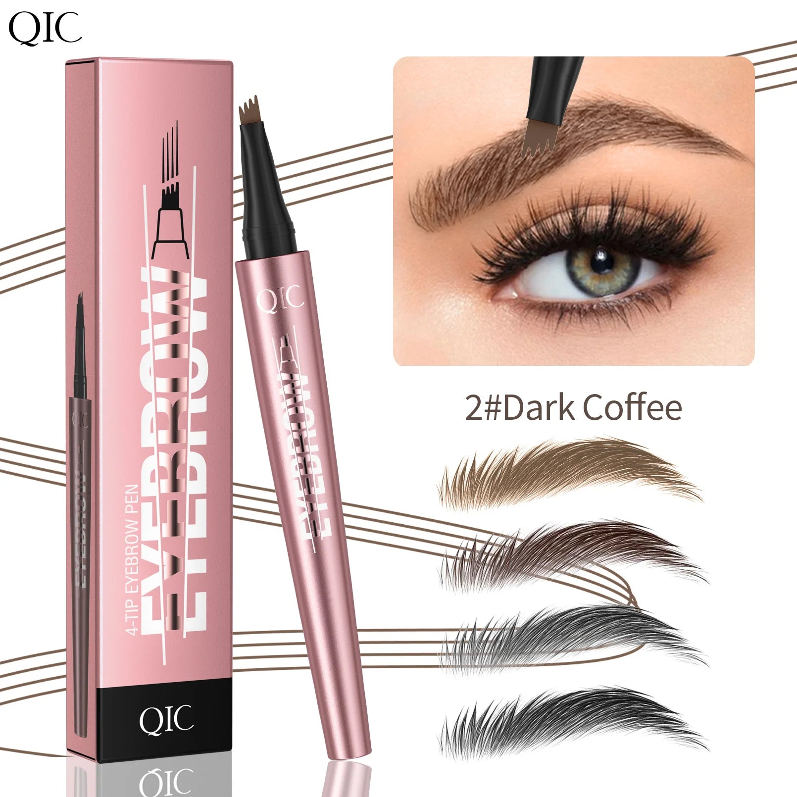 QIC Waterproof Microblading Eyebrow Pen - 4 Split Head, Natural Look Brow Makeup in 6 Colors for All Skin Types