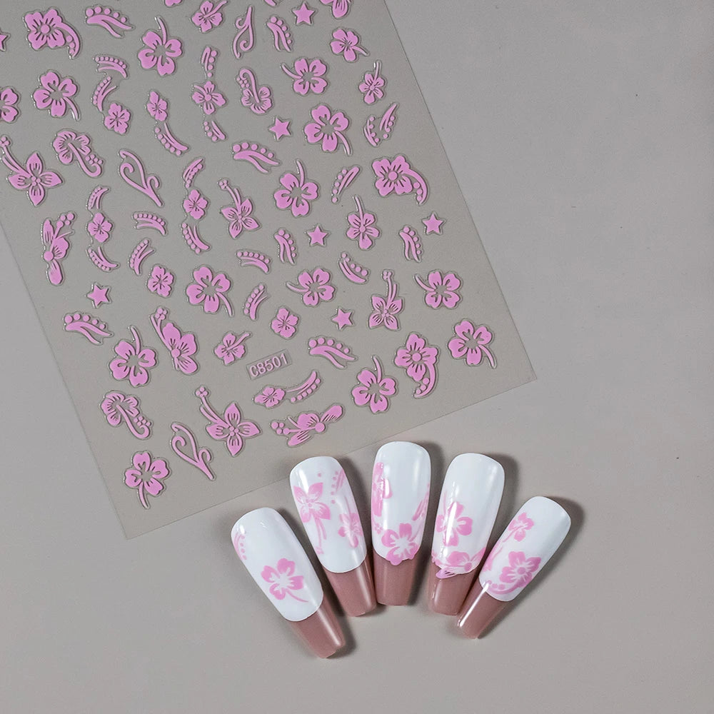4Pcs 3D Hibiscus Flower Nail Stickers White,Pink,Gold,Silver Floral Nail Decals Y2K Petal Self-Adhesive Manicure Decor Sliders *