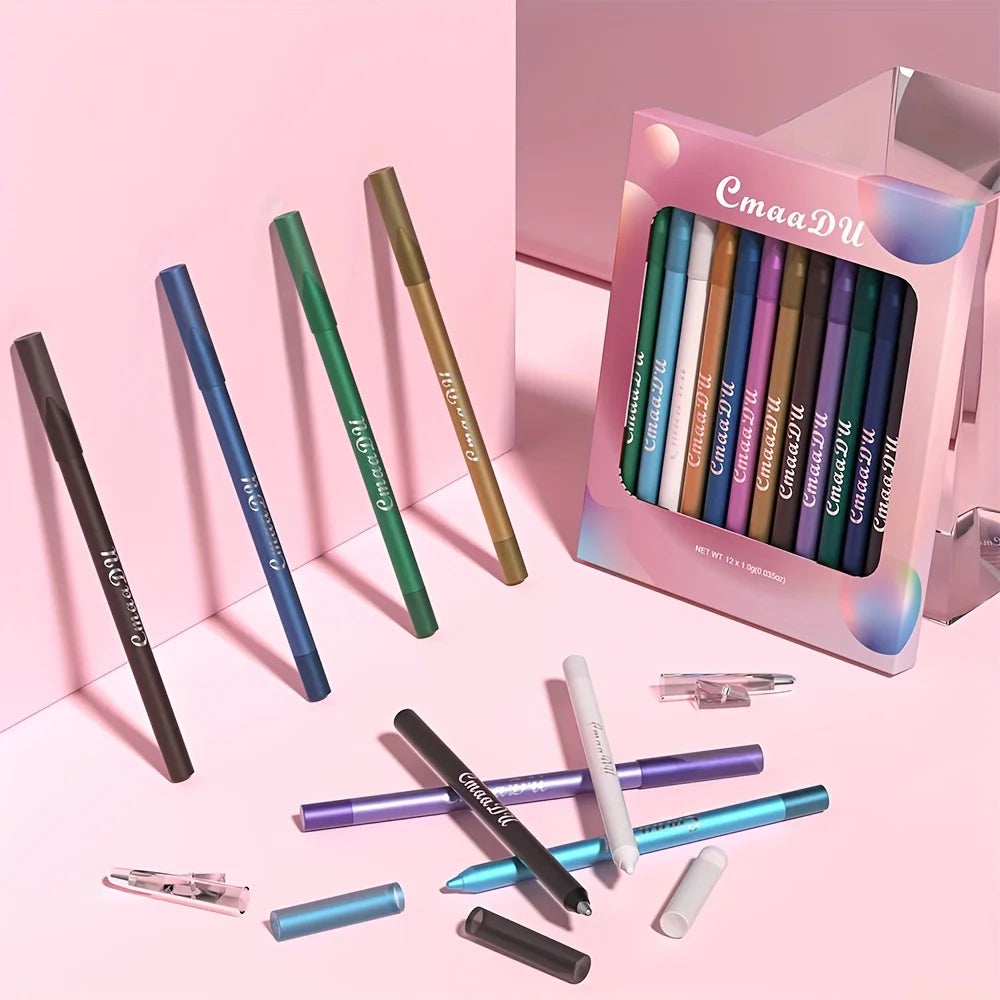 CmaaDu 12 Pcs Set of Waterproof Eyeliner Pens with Shimmering Effects - Includes Eyeshadow Durable and Easy to Color Highlighter
