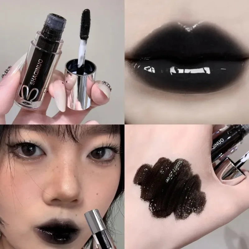 Black Gothic Lip Gloss Mirror Moist Matte Gothic Pure Black Silver Fine Flash Lip Glazed Low Saturation Lasting Lip Tint Makeup