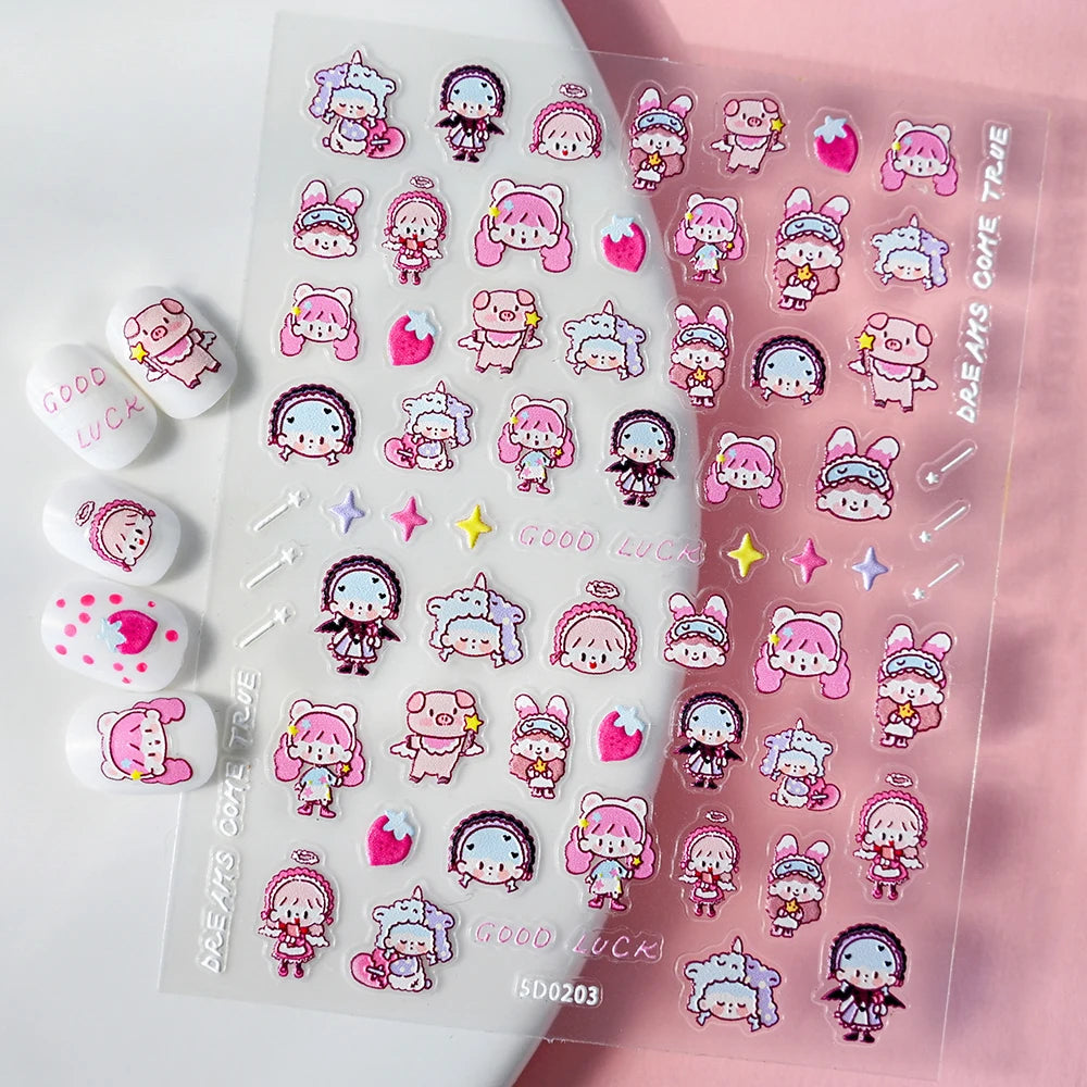 5D Lovely Panda Animal Nail Stickers Bunny Korean Cartoon Relief Self Adhesive Nail Art Stickers Cute Pretty Smile Star Manicure