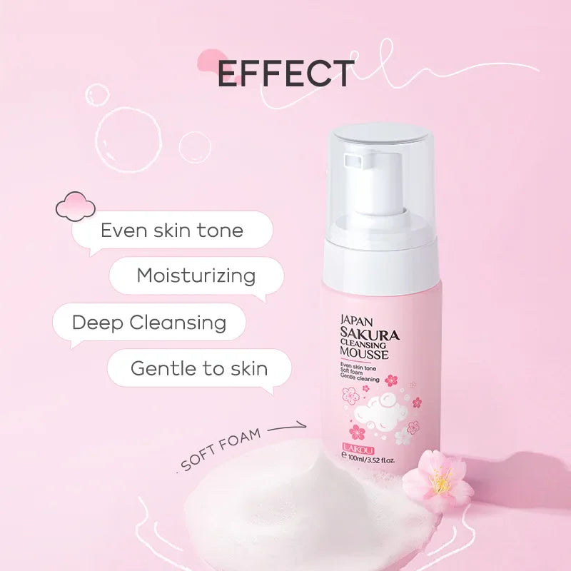 LAIKOU Japan Sakura Cleansing Mousse Gentle Foam Face Wash Even Skin Tone Deep Cleansing Non-Irritating Facial Cleanser 100ml