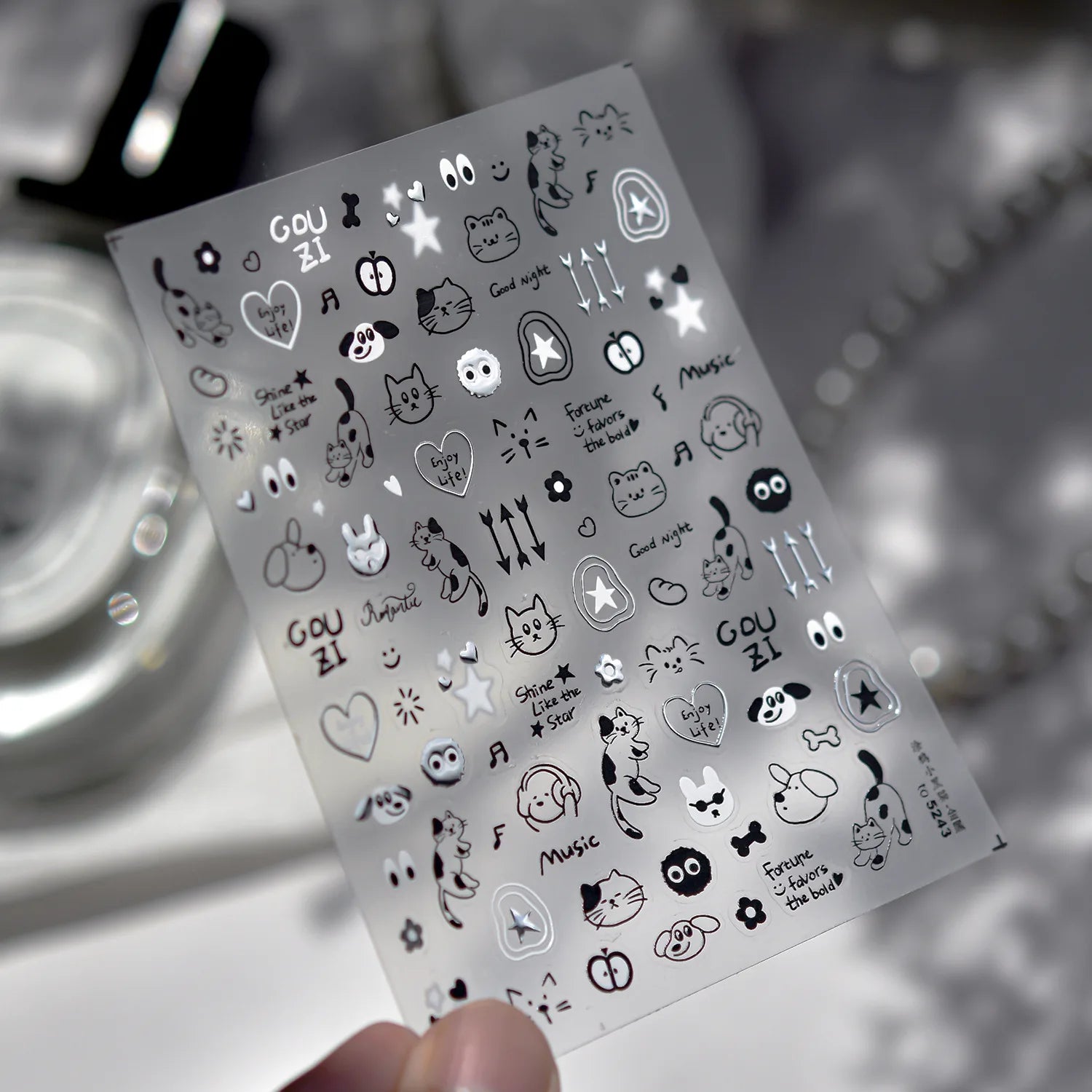 Fashion Silver Metallic Texture Nail Stickers 5D Embossed Stars Bow Love heart Cat Wings  Nail Art Stickers DIY nail decoration