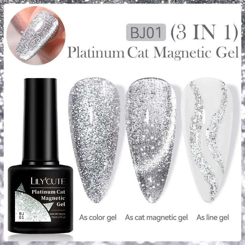 LILYCUTE 7ml 9D Black Crystal Cat Magnetic Gel Nail Polish Laser Silver Glitter Semi Permanent Manicure For Nail Art Gel Varnish