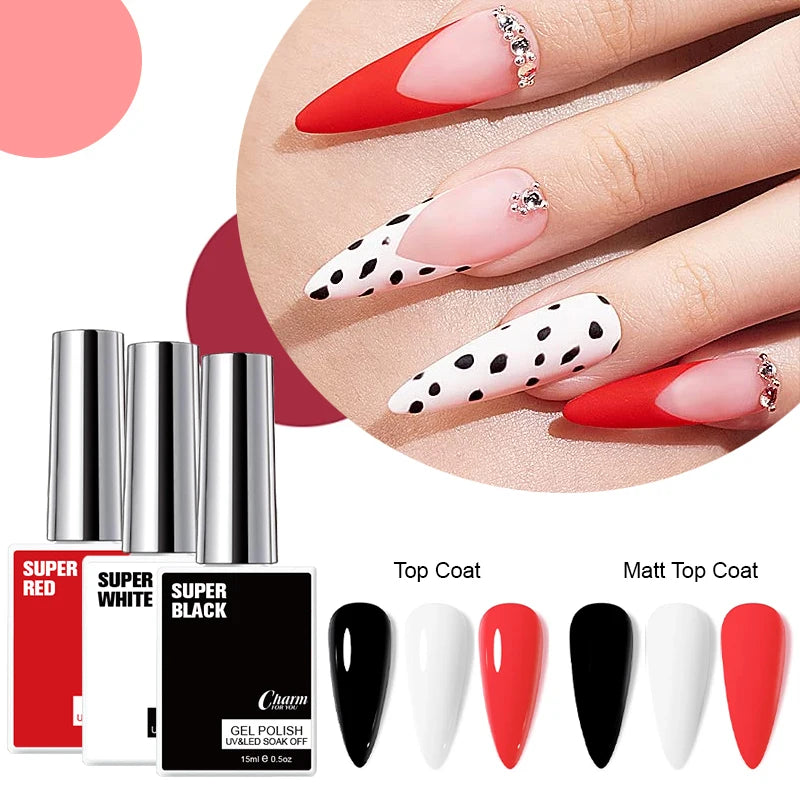 15ml Classic Gel Nail Polish, Vibrant Black,White Red Shades Varnish Easy Soak Off UV LED Nail Gel for Home Salon & DIY Nail Art