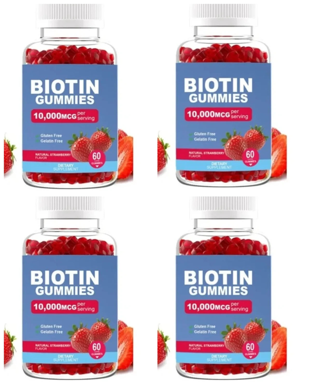 Biotin Gummies 10000 Mcg Hair Skin Nails Support, Vitamin B7 Beauty Supplement, Gluten Free Vegan Non-GMO Strawberry, 60 Gummies