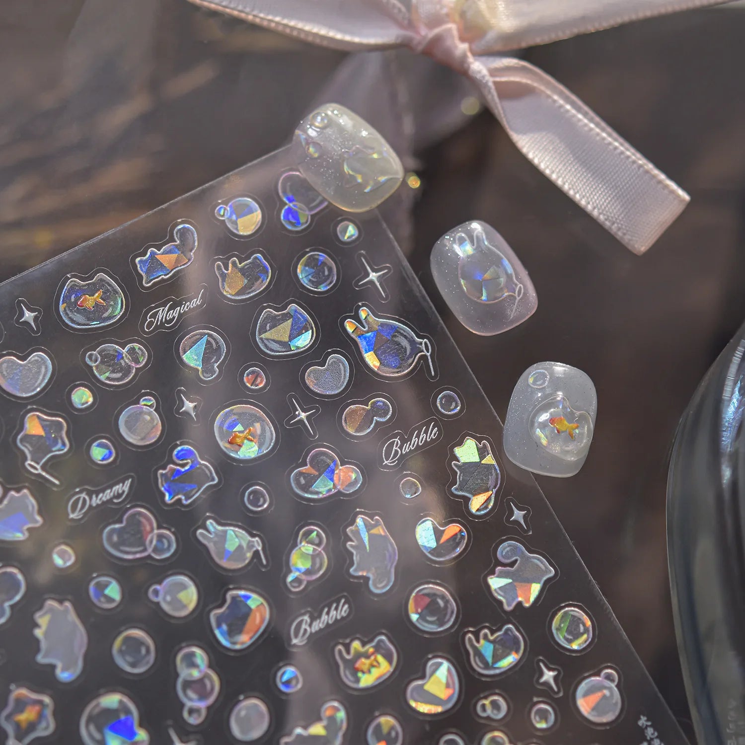 Shiny Blowing Bubble Nail Decorations Stickers 5D Shell Light Love Cat Bubble TransferSlider Sticker DIY Summer Manicure Decals