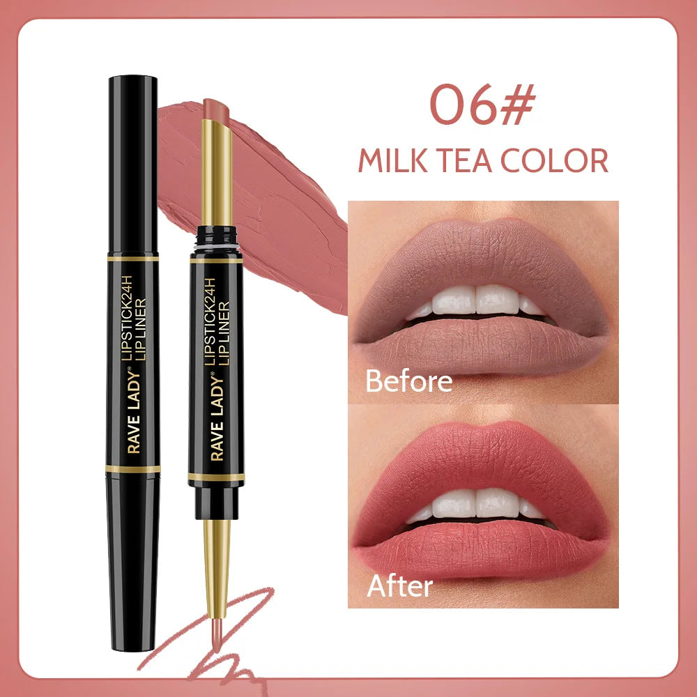 Rave Lady 2 IN 1 Matte Lipstick Lipliner Pencil 6 Color Christmas Gift Waterproof Lipstick Sexy Red Long Lasting Lipliner Makeup
