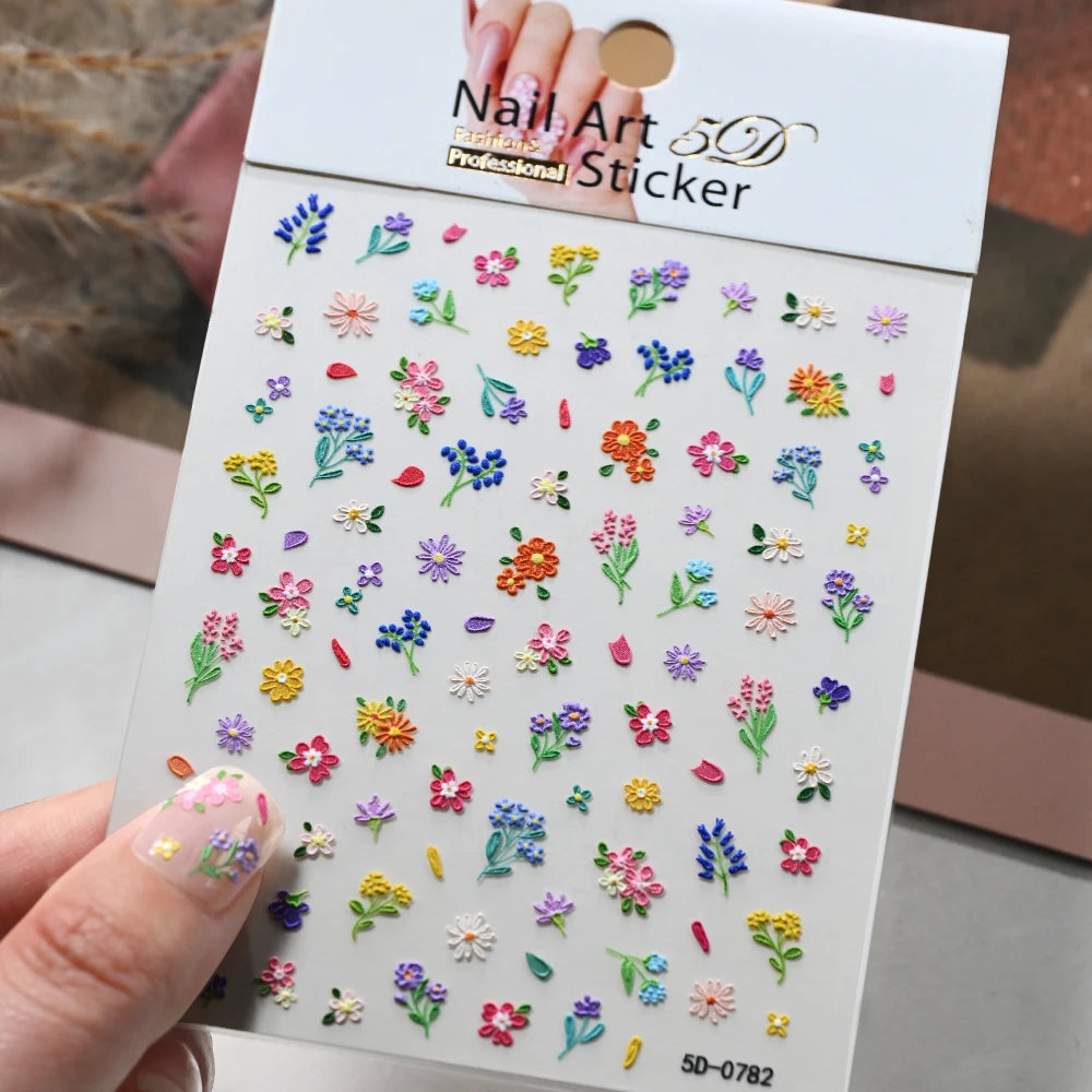 5D Pink Blue Floral Nail Art Stickers Petals Leaf Plant Embossed Nail Decals Spring Summer Flower Design for DIY Nail Supplies