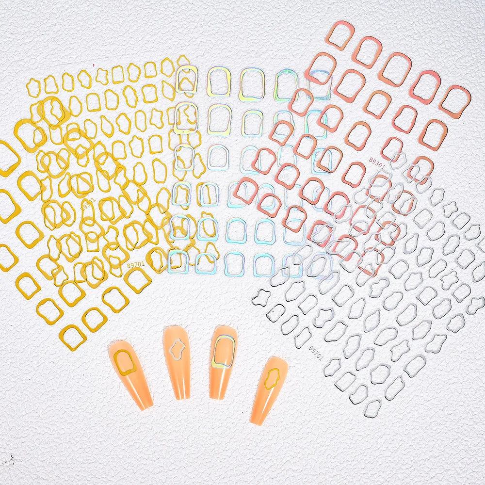 2pcs 3D Bronzing Gold Geometric Frames Nail Stickers Irregular Metallic Hollow Frame Nails Decals Square Geometric Nail Supplies