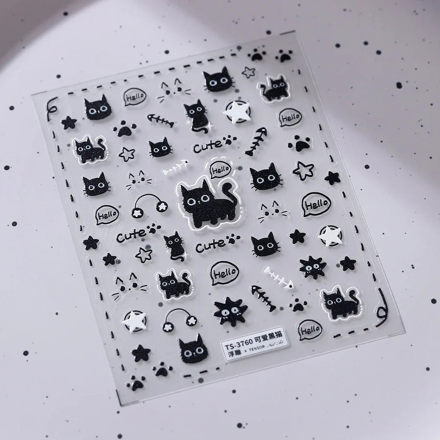 Fashion Silver Metallic Texture Nail Stickers 5D Embossed Stars Bow Love heart Cat Wings  Nail Art Stickers DIY nail decoration