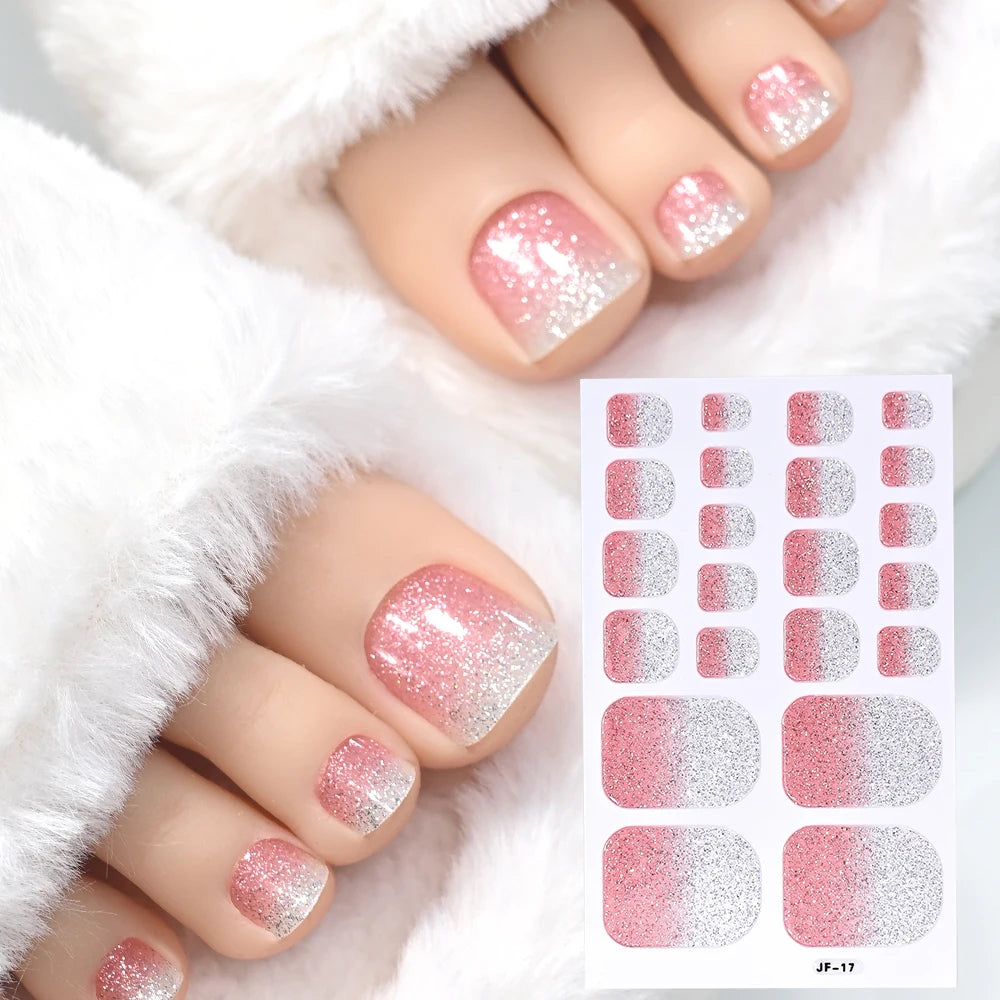 1pcs 22tips Gradient Glitter Full Toe Nail Wraps 3D Shiny Omber Pink/Purple/blue Toe Nail Polish Stickers Baking Free Toe Strips