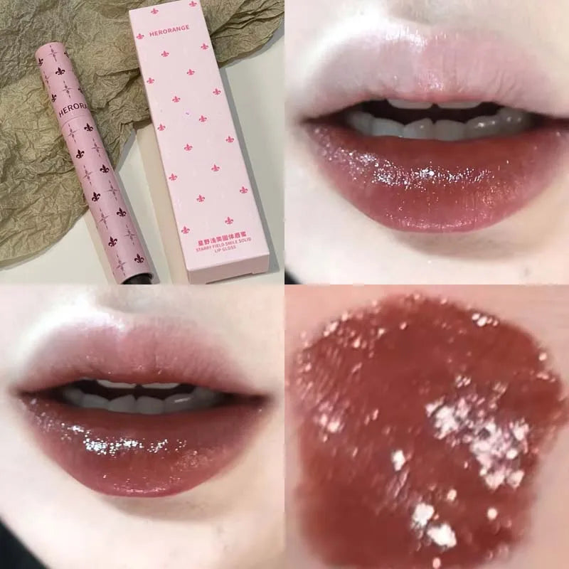 Herorange Starry Solid Lip Gloss Long Lasting Moisturizing Non-Sticky Non-Cup Stain Fine Glitter Glossy Lip Makeup Gift