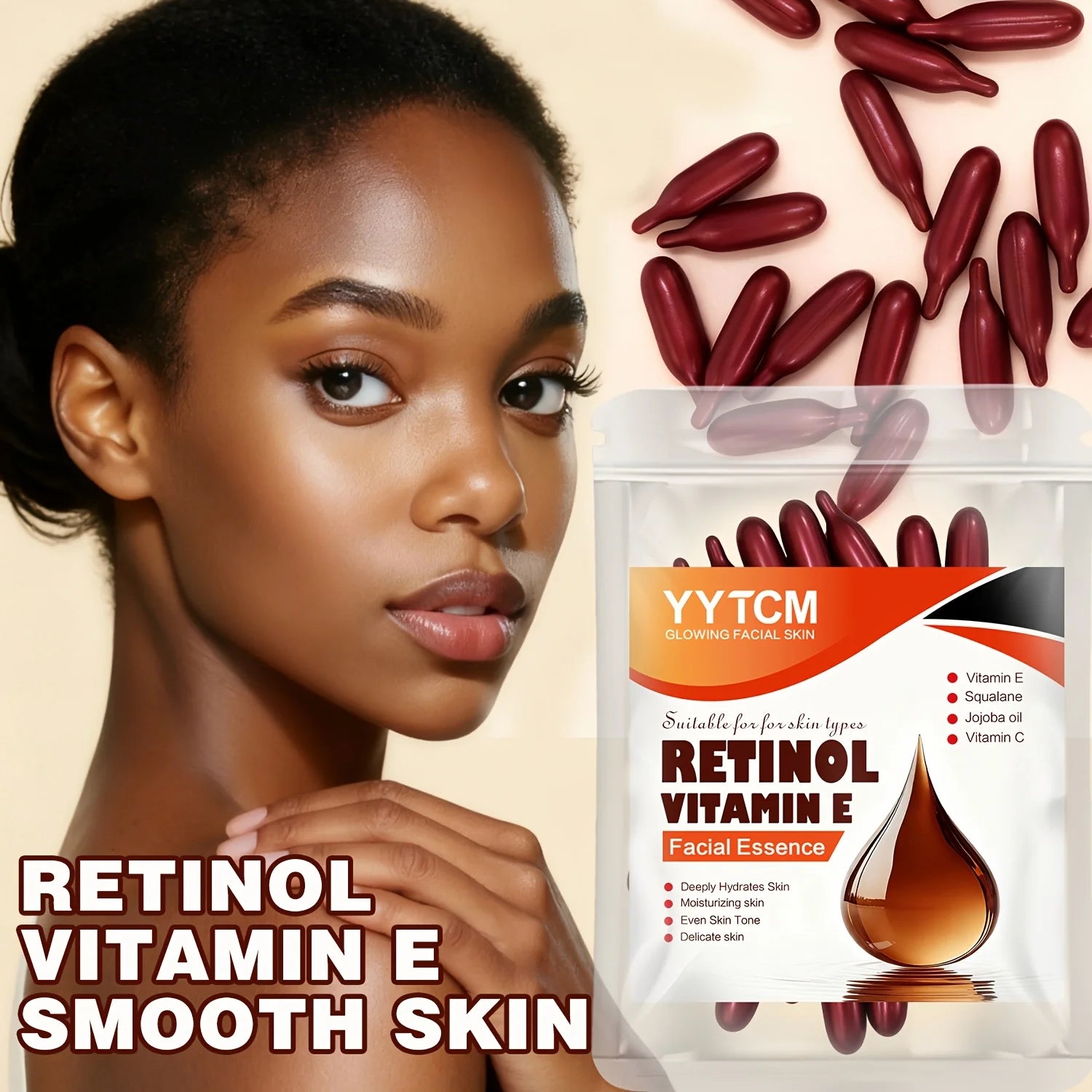 Retinol Vitamin E Deep Moisturizing Capsule Essence, Hydrates, Firms, and Smooths Skin, Contains Plant-Based Squalane, Vitamin C, Deep Moisturizing and Brightening Skin Essence (0.4Gx30 Capsules)/Pack-1 Pack