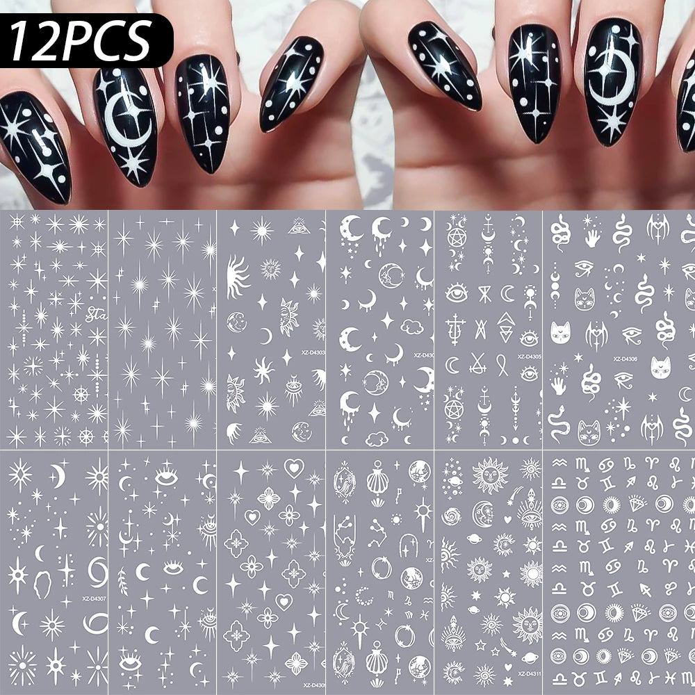12Pcs 3D Laser Gold Silver Sun Star Moon Nail Stickers Y2K Snake/Starlight/Heart Adhesive Decals DIY Bronzing Nail Sliders
