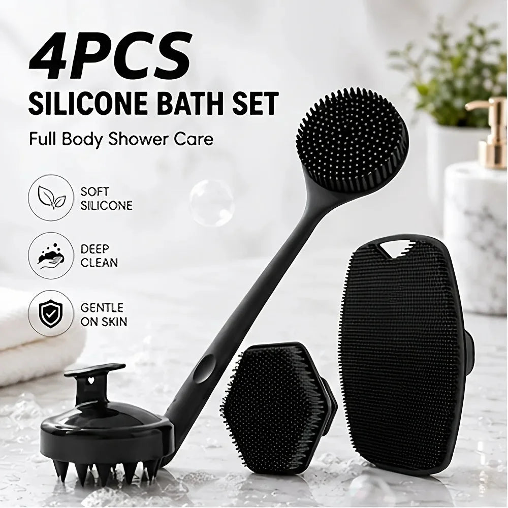 2/3/4Pcs Silicone Shower Brush Set Long Handled Back Washer Scalp Massage Comb Gentle Exfoliation Body Scrubber Deep Skin Clean