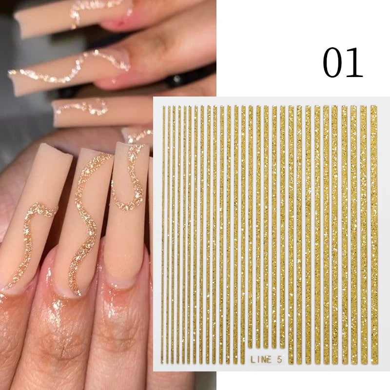 3D Nail Stickers Bronzing Gold Silver Lines Stripe Geometric Design Flowers Gradient Adhesive Slider Papers Nail Art Accessories