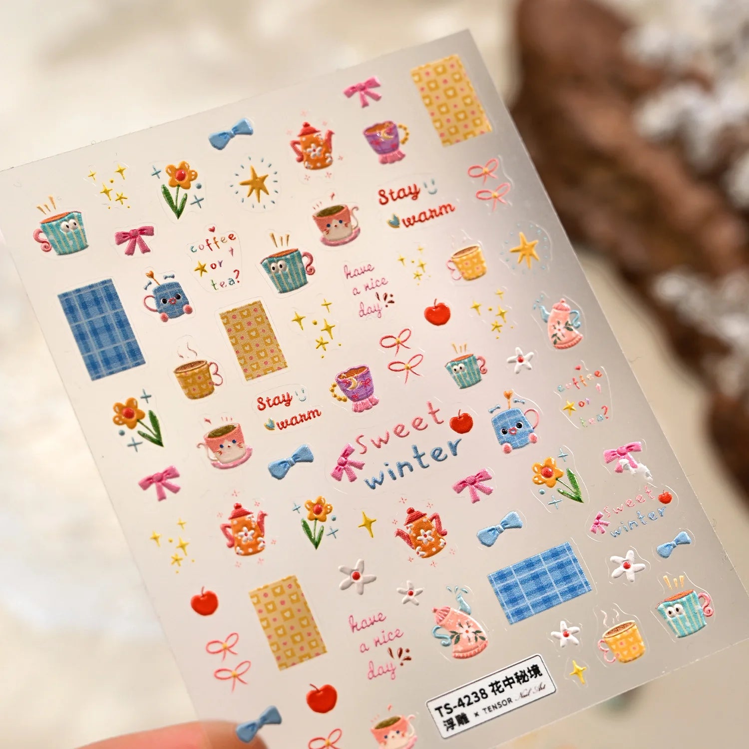 5D Pink Blue Bear Dessert Cake Pudding Candy Cane Heart English Slogan Nail Art Stickers Cute Baby Bear Party Embossed Decals