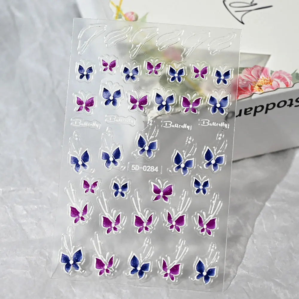 1PCS Embossed 5D Nail Art Stickers Colorful Elegant Flowers Rose Butterfly Sliders Nails White Petals Manicure Decor NK5D-0288