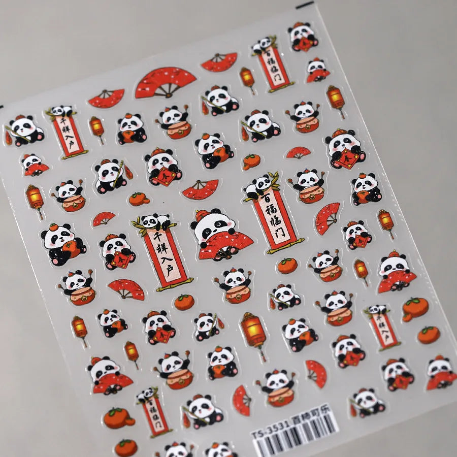 1pcs 5D Embossed Chinese Bamboo Panda Design Nail Art Kawaii Stickers Self-adhesive Transfer Nail Decorations Slider Decals DIY