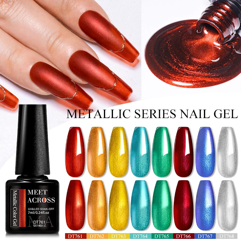 MEET ACROSS 7ml Red Blue Green Metallic Gel Nail Polish Super Bright Mirror Effect Semi Permanent LED UV Gel Nail Art Varnish