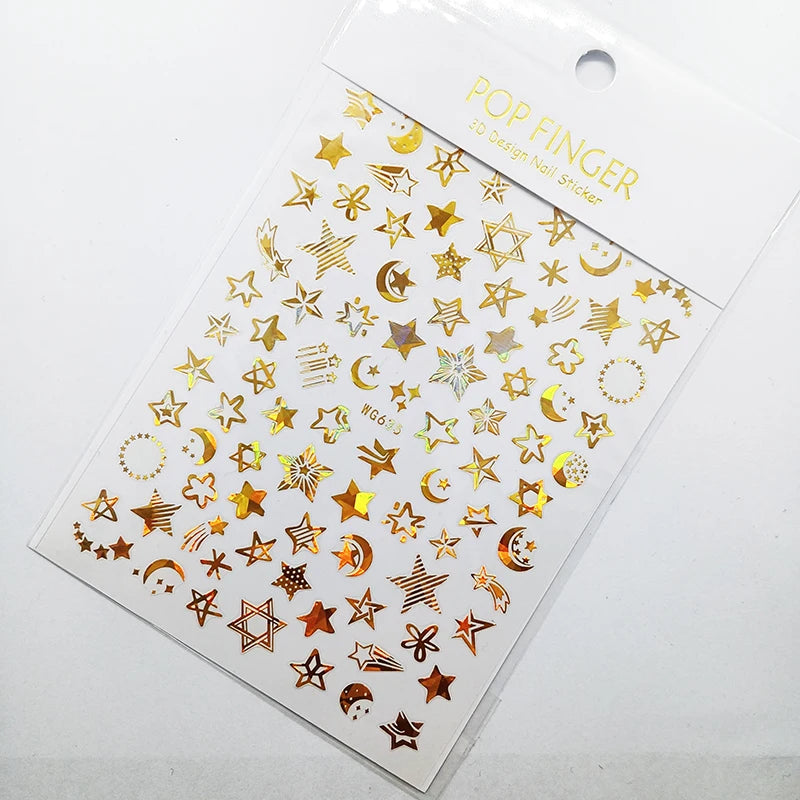 Shiny Gold Star Moon Sun Nail Stickers for Manicure Accessories Heart Feather Animals Printing Self Adhesive Nail Wrap