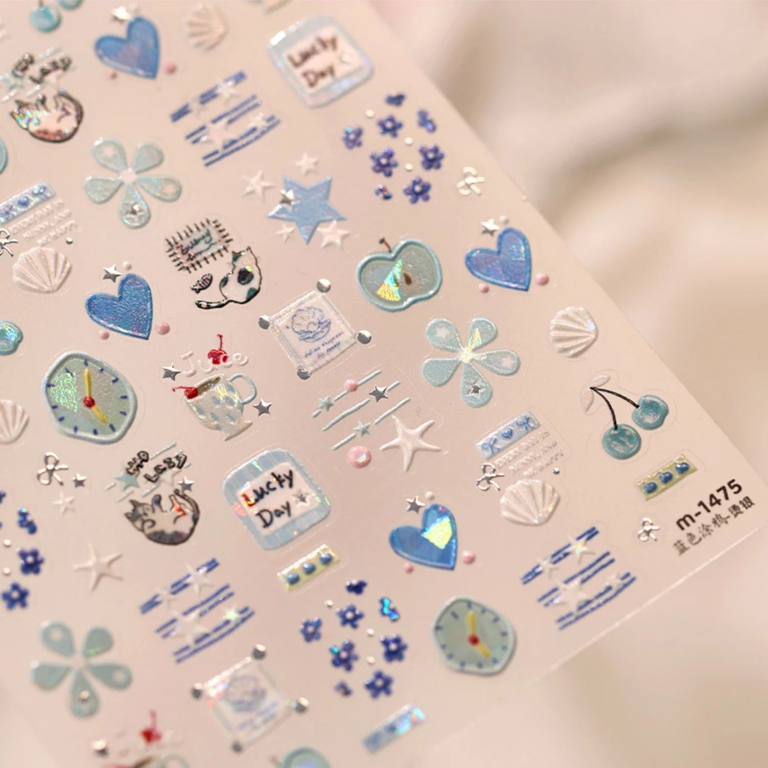 Light Blue 5D Nail Art Stickers Cartoon Cat Cherry Apple Clock Starfish Shell Blossom Decal Self Adhesive Sweet Fresh Manicure