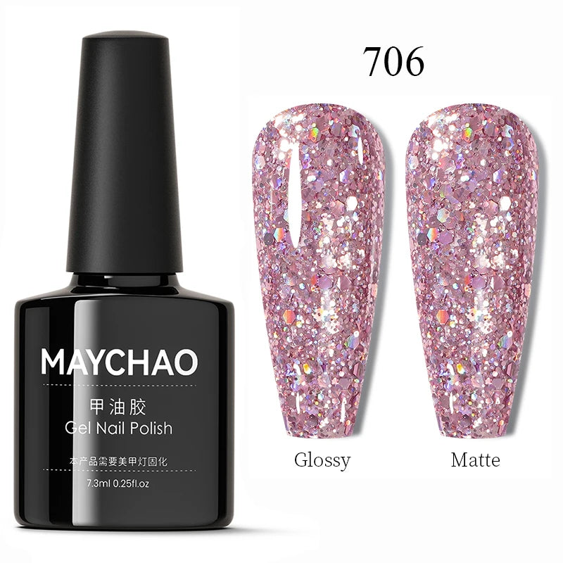 MAYCHAO Glitter Gel Nail Polish 7.3ml Semi-permanent Sequins Shiny Gel Base Top Coat Soak Off UV LED Varnish Nail Art Decoration