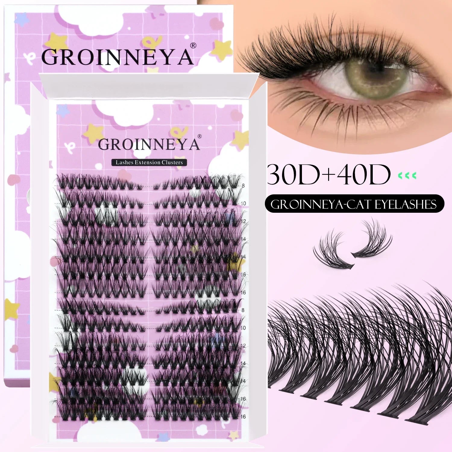 GROINNEYA Lash Clusters Kit Natural Cat Lashes Winged End Eye Elongated Eyelashes With Lash Bond & Seal Cluster Kit DIY at Home