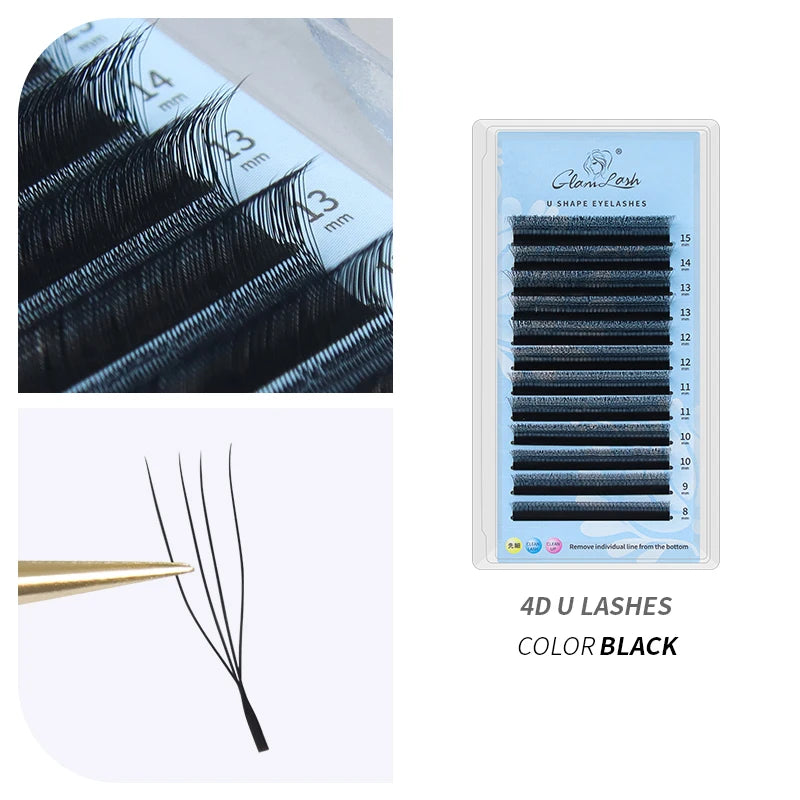 GLAMLASH U Shape YY False Eyelashes 8-15mm Mix C D Curl Double Tips Lashes Extension Hand-wowen Individual Eyelash