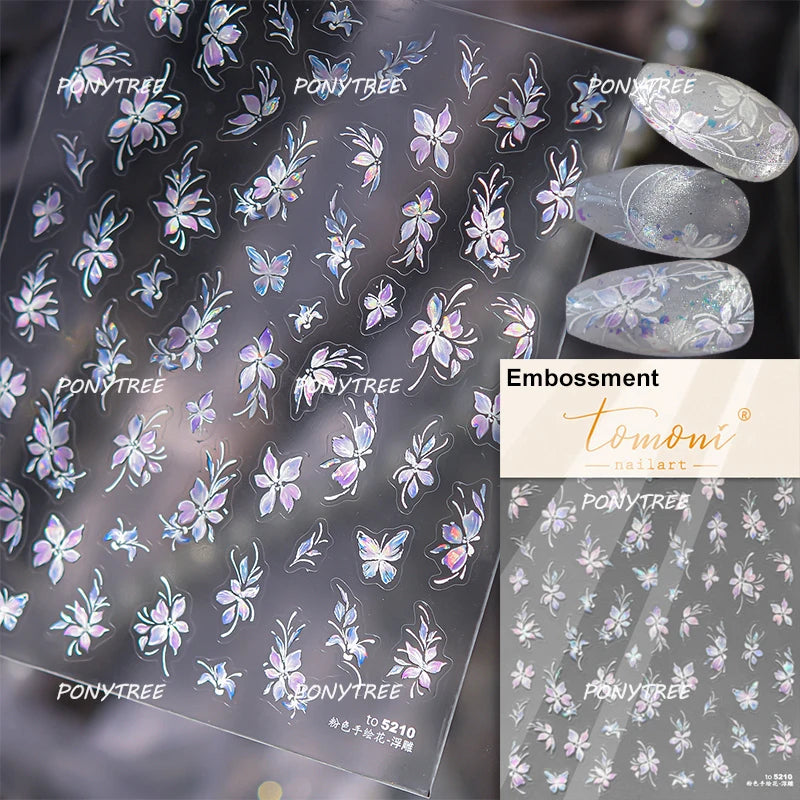 Elegant Pink Purple Flower Rose Colourful Gentle Petal Peach Blossom Metal Shiny Self Nail Art Sticker Decoration Manicure Decal