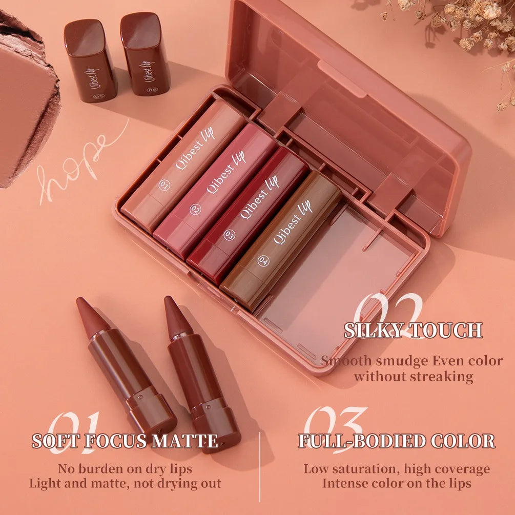 QIBEST 6PCS Lasting Matte Lipstick Pencil Set Twist-Up Velvet Matte Lip Stick Pen Smooth Pink Red Lipliner Lips Crayon Makeup