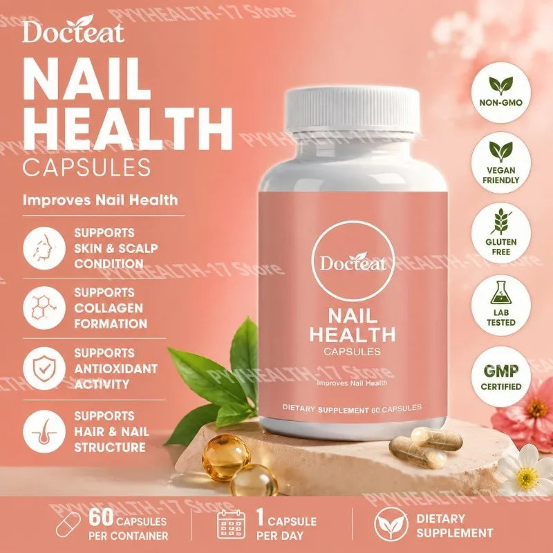 Docteat Nail Health Capsules with Biotin Zinc Vitamin C D3 E Supports Nail Skin Hair and Collagen 60 Capsules Dietary Supplement