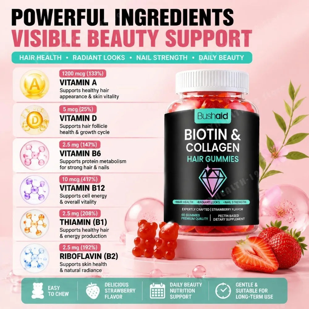 Bushaid Biotin Collagen Hair Gummies Strawberry Flavor Biotin 600mcg MSM Vitamins A D B6 B12 Non-GMO Vegan Gluten Free 60 Count