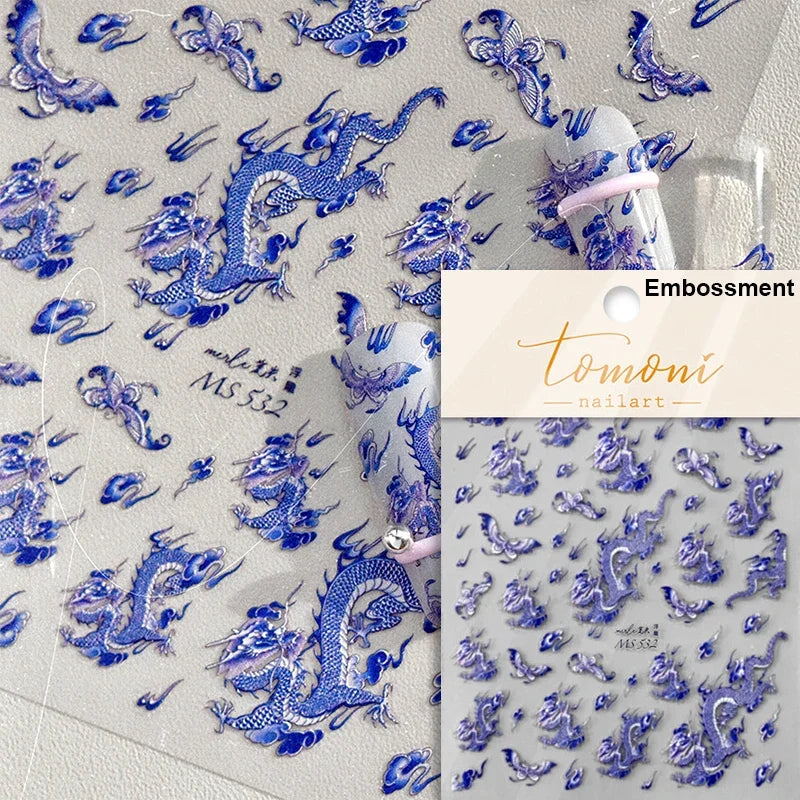 5D Kawaii Ink Wash Fairy Fox Dragon Loong Nail Art Stickers Cartoon Star Animals Backglue Nail Decoration Decals Accessories