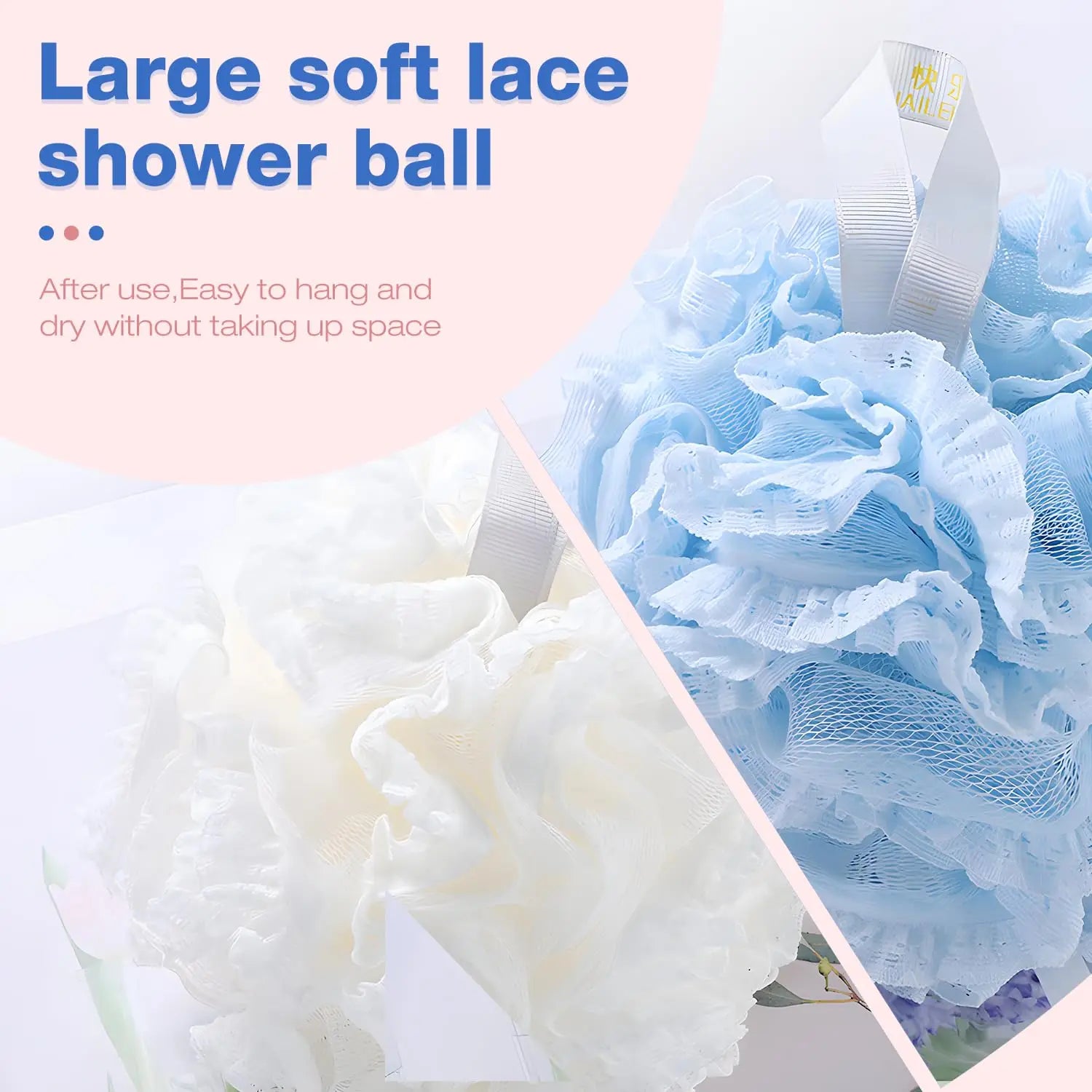 Shower Sponge Eco-Friendly Soft Mesh – Rich Lather Bath Scrunchie with Hanging Loop Lace Trim for Women Men (White/Blue/Pink)