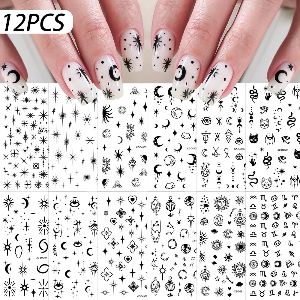 12Pcs 3D Laser Gold Silver Sun Star Moon Nail Stickers Y2K Snake/Starlight/Heart Adhesive Decals DIY Bronzing Nail Sliders