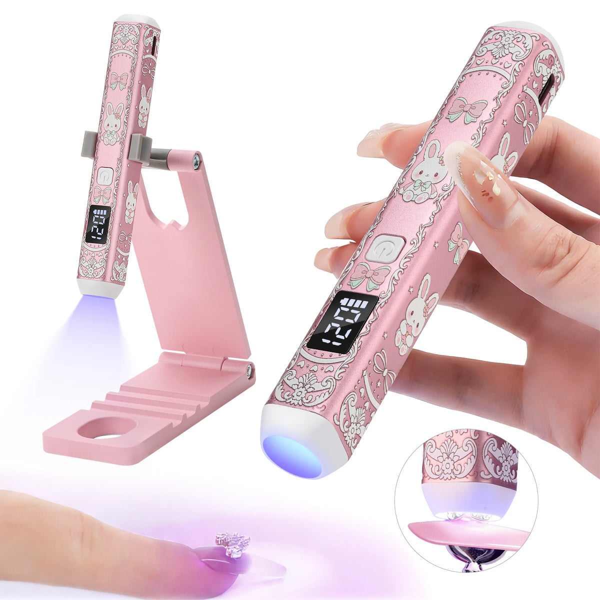 5-in-1 Cute Rabbit UV Nail Lamp Stand, Rechargeable LED Light with 3 Timer Modes, Foldable Stand for Cat Eye & Rhinestone Nails