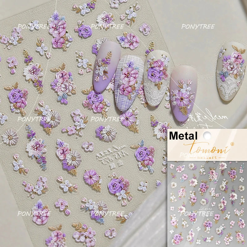 Elegant Pink Purple Flower Rose Colourful Gentle Petal Peach Blossom Metal Shiny Self Nail Art Sticker Decoration Manicure Decal