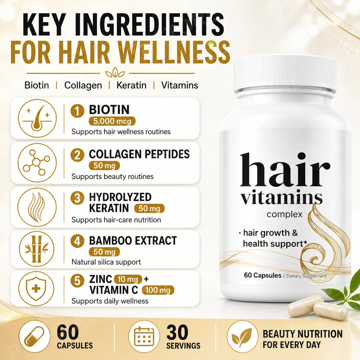 Hair Growth Vitamins for Women & Men, 14-in-1 Biotin Collagen Keratin Complex, Thicker Fuller-Looking Hair Routine, 60 Capsules