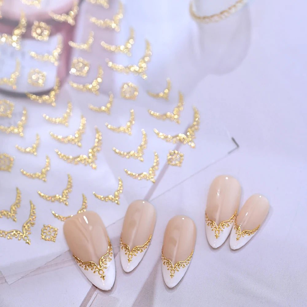 1pcs Gilded French 3D Embossed Nail Stickers Metallic V-Shaped Lace Fingertip Pattern Charming Design Nails Decoration Supplies