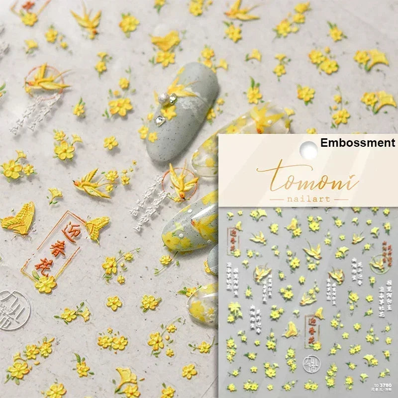 1 pc 5D sunflower nail stickers rose daisy cherry blossom self-adhesive nail art stickers oil painting style decorative sticker