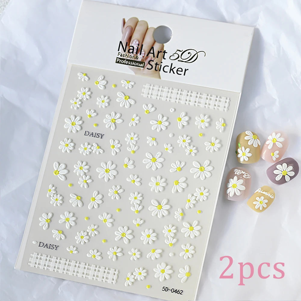 2pcs 5D White Daisy Design Nail Art Stickers Embossed Daisy Floret Green Leaf Nail Art Decals DIY Spring Summer Decor Stickers