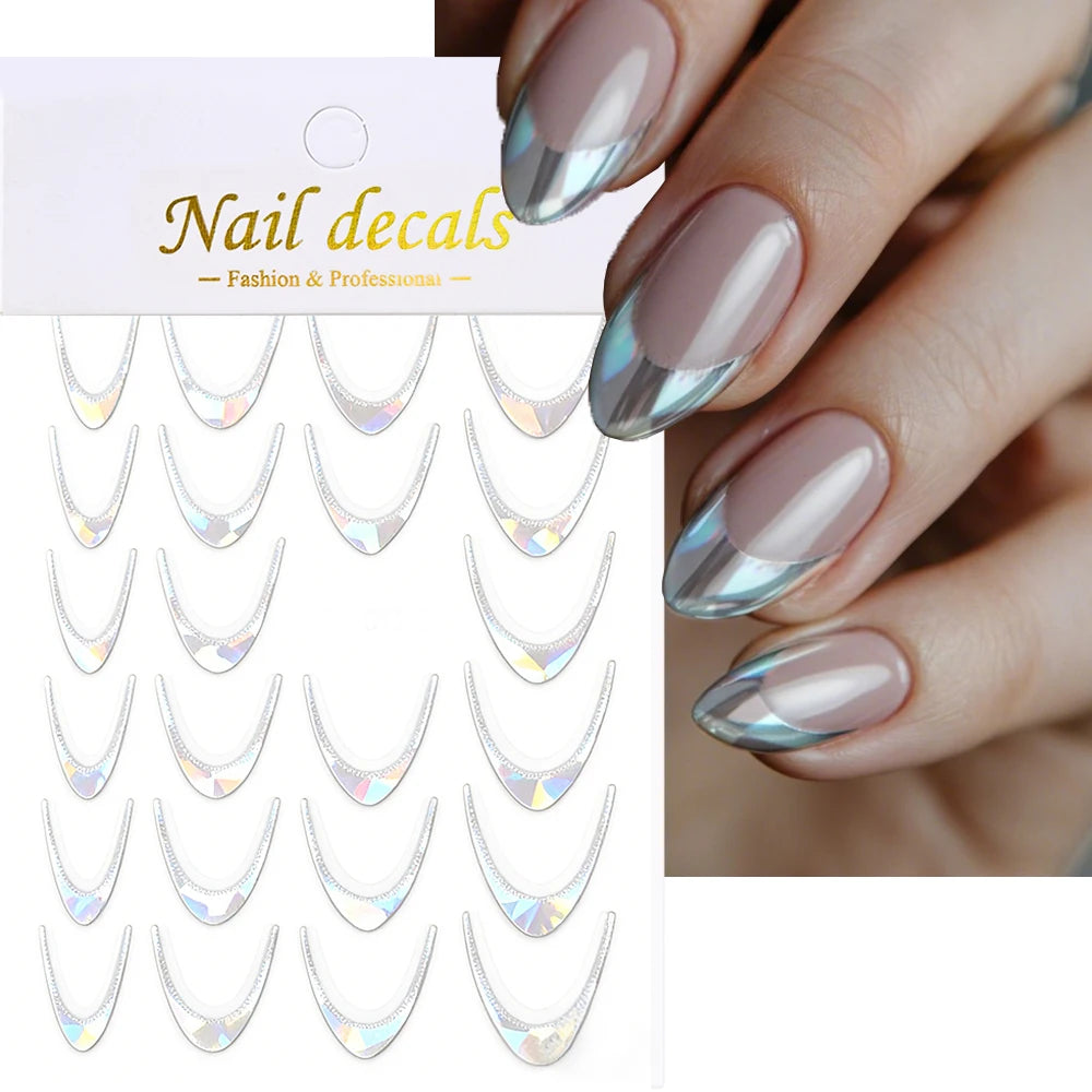 3D Metallic Silver French Line Nail Stickers C Curve Stripe Lines Metal French Nail Decals French Manicure Nail Decoration *1PCS