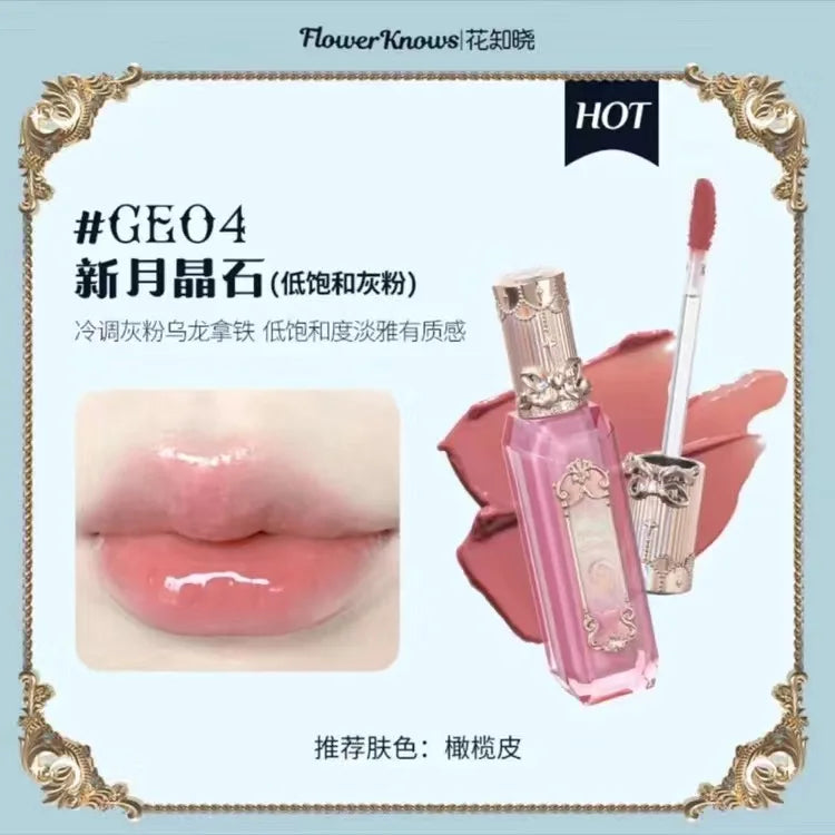 Flower Knows Moonlight Mermaid Clear Lip Gloss Collection Gemstone Lip Glaze Nourishing Mirror Lip Plumber Gloss Makeup 3.5ML