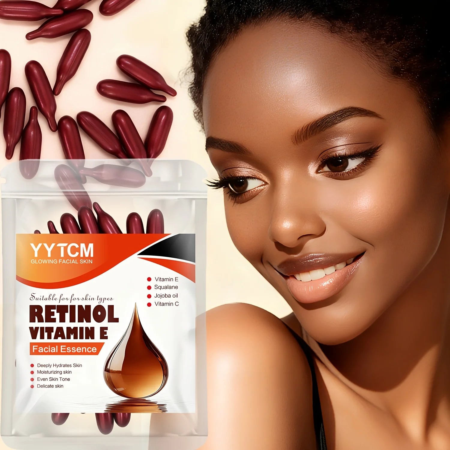 Retinol Vitamin E Deep Moisturizing Capsule Essence, Hydrates, Firms, and Smooths Skin, Contains Plant-Based Squalane, Vitamin C, Deep Moisturizing and Brightening Skin Essence (0.4Gx30 Capsules)/Pack-1 Pack