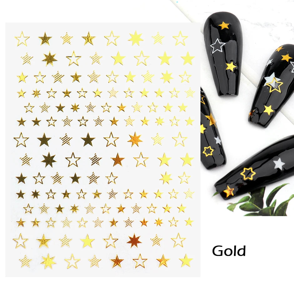 Shiny Gold Star Moon Sun Nail Stickers for Manicure Accessories Heart Feather Animals Printing Self Adhesive Nail Wrap