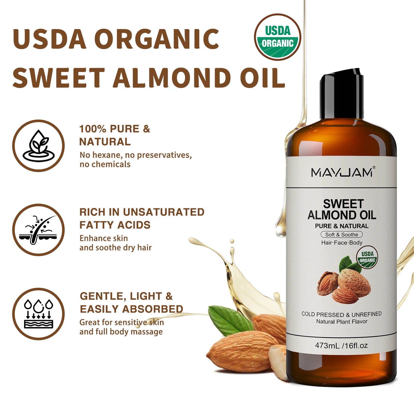 MAYJAM Pure Natural Moroccan Argan Oil Massage On Face, Hair, Body Sweet Almond Oil Cold Pressed USDA Certified 473ml Face Oil