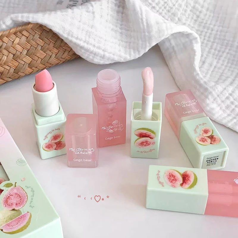 Guava Hydrating Lip Balm and Lip Oil Set Gege Bear Light Moisturizing Soothing and Tender Lips for Winter Use