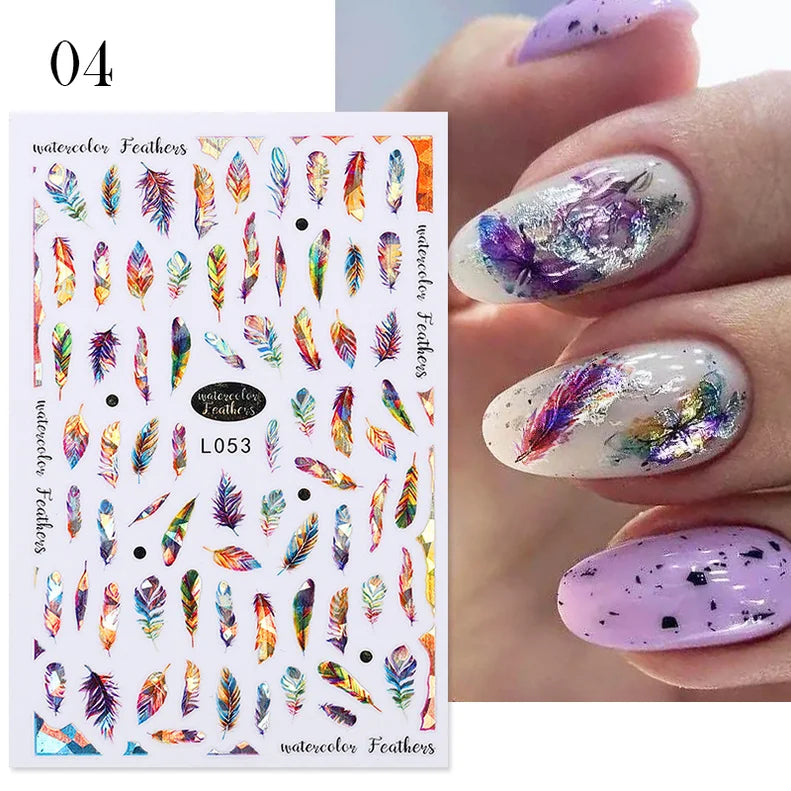 3D Nail Stickers Colorful Gold Feathers Holographic Laser Leaf Flower Stickers Spring Summer Slider for Nails Manicures Decor